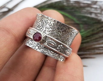 Solid 925 Sterling Silver Ruby Wide Band Handmade Spinner Mediation Ring