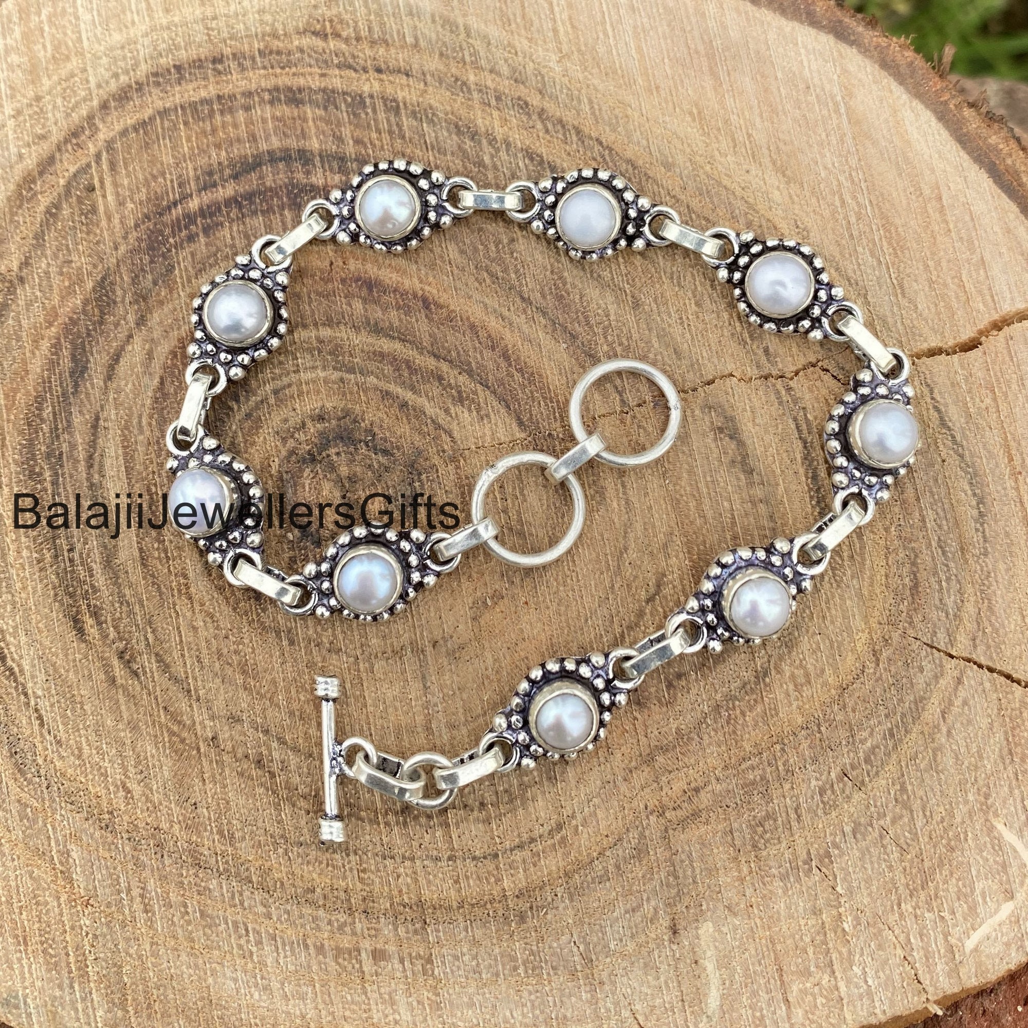 Solid Pearl Gemstone Bracelet, 925 Sterling Silver Bracelet