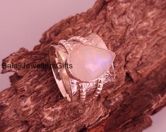 Bague pierre de lune arc-en-ciel, bijoux en argent sterling 925, bague de méditation, bague faite main, bague de promesse, bague anti-anxiété, bijoux femme, cadeau pour elle