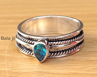 Blue Topaz 925 Sterling Silver Spinner Ring: Fidget Mediation Ring