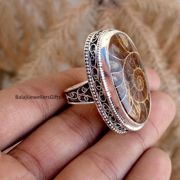 Ammonite fossil Shell Gemstone Ring, 925 Sterling Silver, Oval Shape Ring, Handmade Women Jewellery, Large Stone Ring, Designer band Ring,