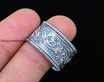 Flower Band Ring, Thumb Ring, 925 Sterling Silver Ring, Handmade Ring, Gift For Her, Men&#39;s And Women Gift, Beautiful Ring, Silver Boho Gift