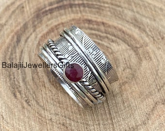 Natürlicher Rubin Edelsteinring, 925 Sterlingsilber Ring, Spinner Band Ring, Handgemachter Ring, Massiver Meditation Ring, Angst Geschenk, Sorgen weniger Ring