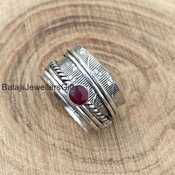 Natural Ruby Gemstone Ring, 925 Sterling Silver Ring, Spinner Band Ring, Handmade Ring, Solid Meditation Ring, Anxiety Gift, Worry Less Ring