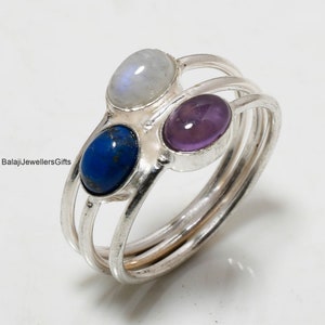 Three Gemstone 925 Sterling Silver Ring, Amethyst, Lapis Lazuli, Rainbow Moonstone Handmade Jewelry, Ring For Gift, Multi Stone Ring For Her