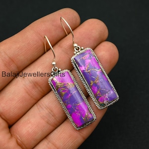 Natural Purple Copper Turquoise Earrings, Handmade Women Earring, 925 Sterling Silver, Birthday Gift, Girlfriend Gift, Dangle & Drop Earring