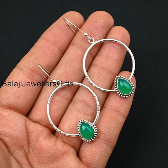 Orecchini Pendenti Chandelier Artigianali In Argento Tibetano Con Onice Verde, Gioielli Boho Vintage Fatti A Mano, Regalo Elegante