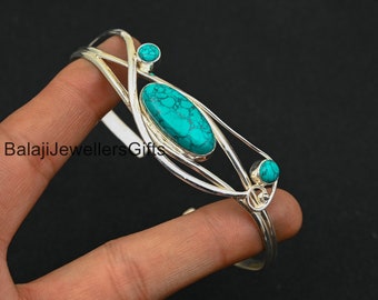 ターコイズストーンバングル：925スターリングシルバー製調節可能な