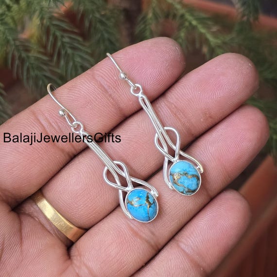 ブルーコッパーターコイズスターリングシルバーダングルイヤリング