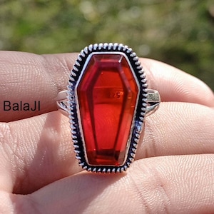 Garnet Coffin Ring: Handmade Oxidized 925 Sterling Silver Statement Ring