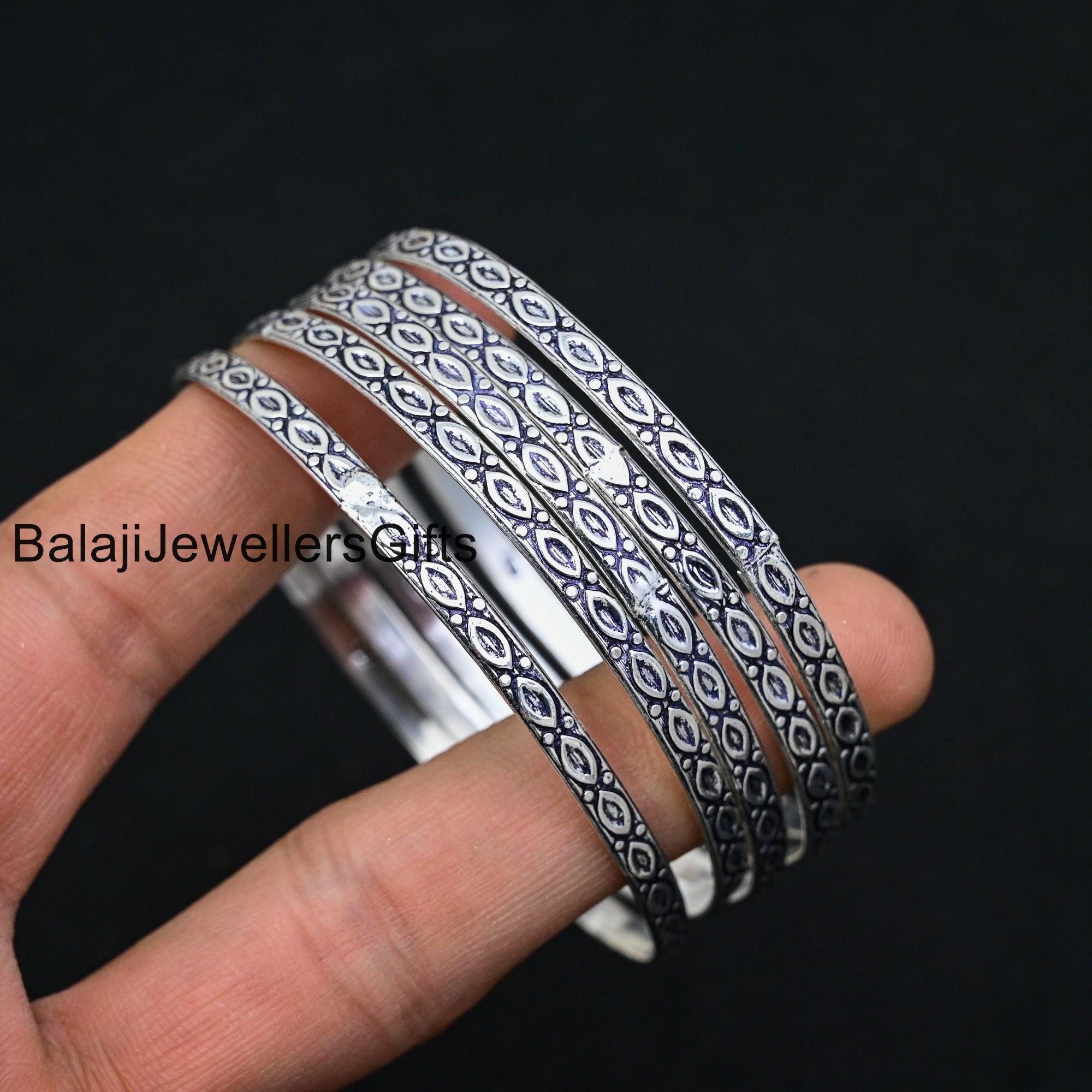 Handmade Sterling Silver Stacking Bangles - Boho Design, Set of 5