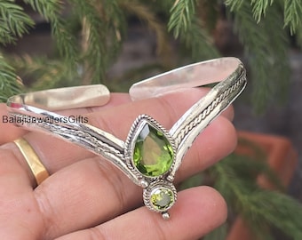 Peridot Gemstone Bangle: Handmade 925 Sterling Silver Adjustable Cuff