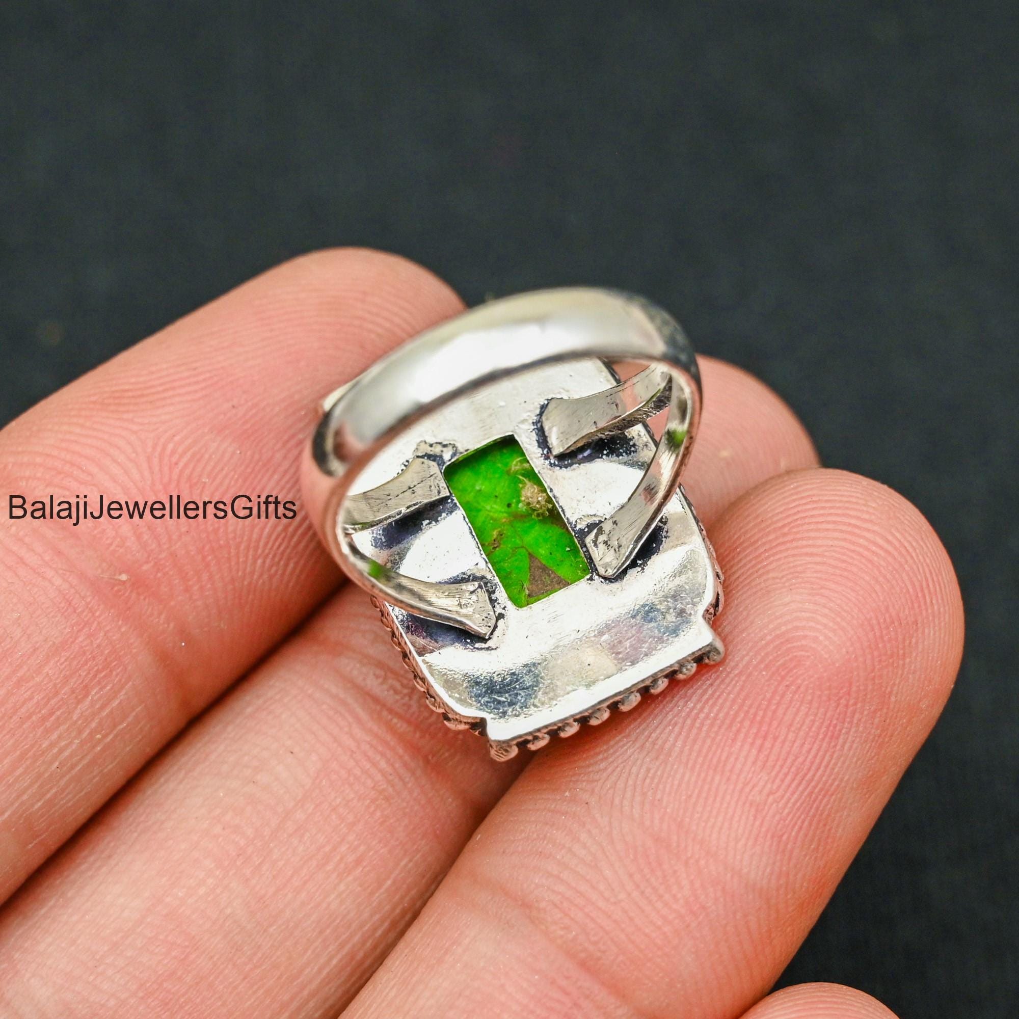 Bague Artisanale En Argent 925 Et Cuivre - Pierre Turquoise Naturelle - Taille 8.5 - Fait Main En Inde