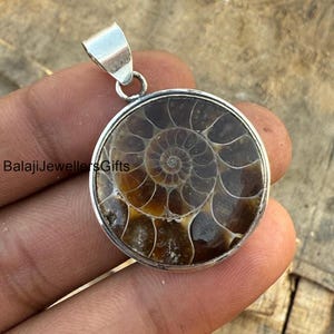 May include: A silver pendant featuring a fossilized ammonite with a spiral pattern in shades of brown and beige.