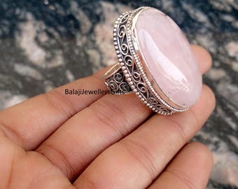 Natural Rose Quartz Gemstone Ring, Oval Shape Ring, 925 Sterling Silver, Handmade Woman Ring, Large Stone Ring, Elegant Ring,Engagement ring