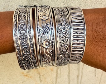 Set of 4 Bangle, 925 Sterling Silver, Handmade Woman Jewellery, Flower Design Bangle, Bohemian Bangle, Gift For Mom, Heavy Bangle Love Gift