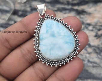 Handmade Pear Larimar Pendant: Boho 925 Sterling Silver