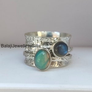 Labradorite Opal Gemstone Spinner Ring: Handmade 925 Sterling Silver