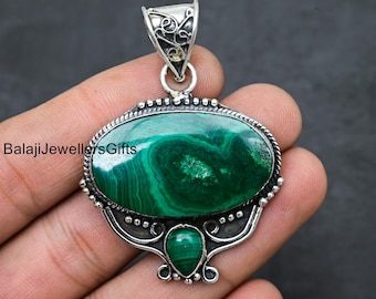 Oval Malachite Pendant: Handmade 925 Sterling Silver Boho Gift