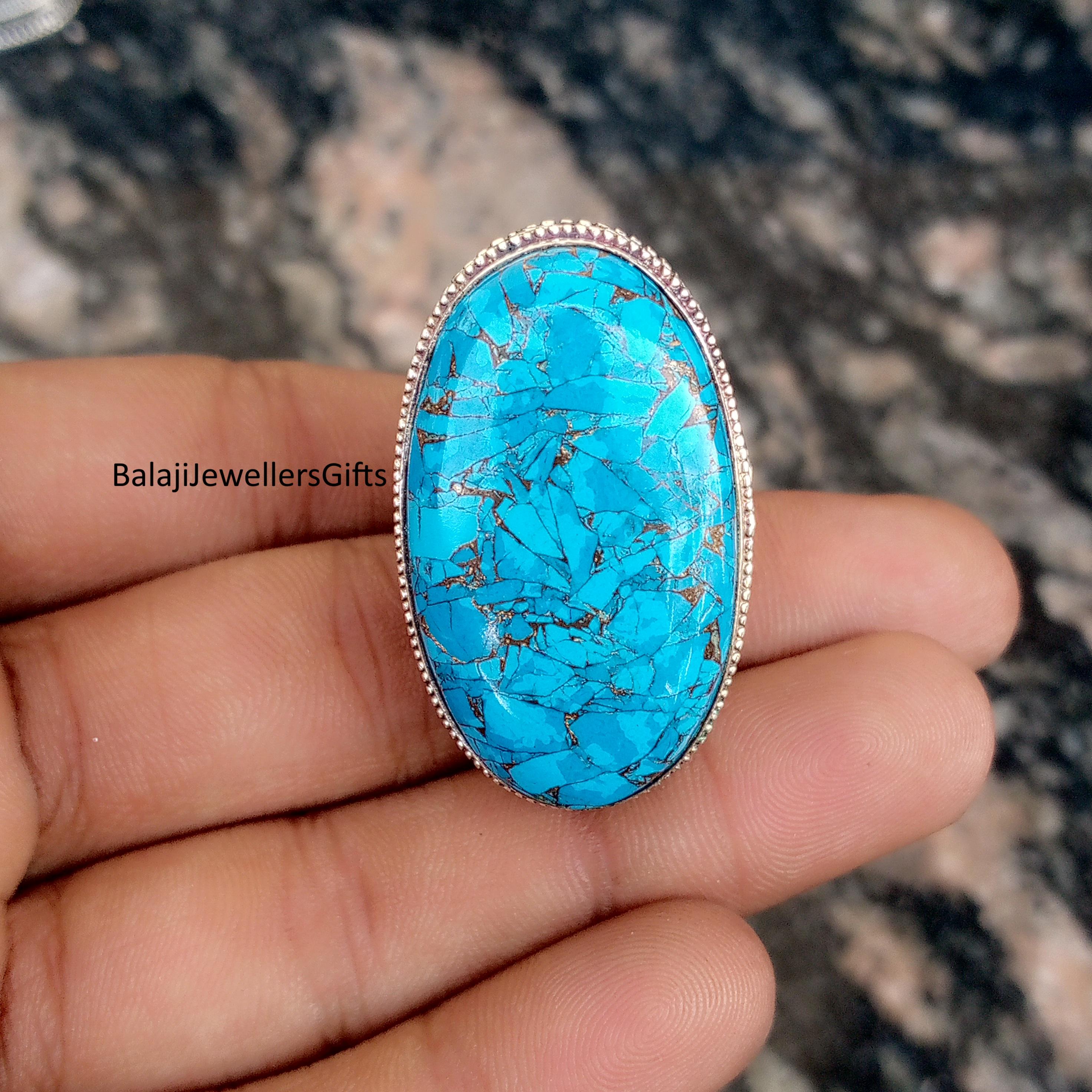 Blue Copper Turquoise Ring: Oval Gemstone, 925 Sterling  Turquoise Large Oval Natural Stone Copper Ring Adjustable Band Sizes 7-8-9 main image 1