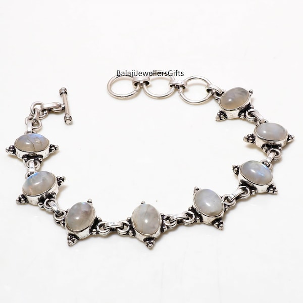 Rainbow Moonstone-armband: sterlingzilveren boho-armband