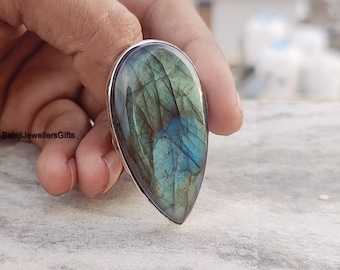 Pear Shape Labradorite Ring, Handmade Rings For Women, Statement Ring, Large Labradorite Ring, Anniversary Gift, Antique Silver Ring, B1789
