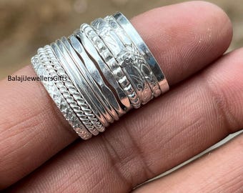 925 Sterling Silver, 12 Stacking Rings, Handmade- Statement Ring, Woman Gift Ring, Bohemian Jewellery, Unique Ring, Thin Wire Silver Ring,