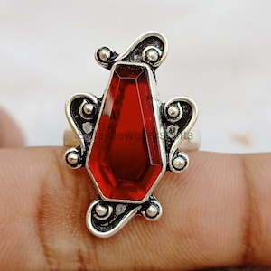 Garnet Coffin Ring: Handmade Oxidized 925 Sterling Silver Statement Ring