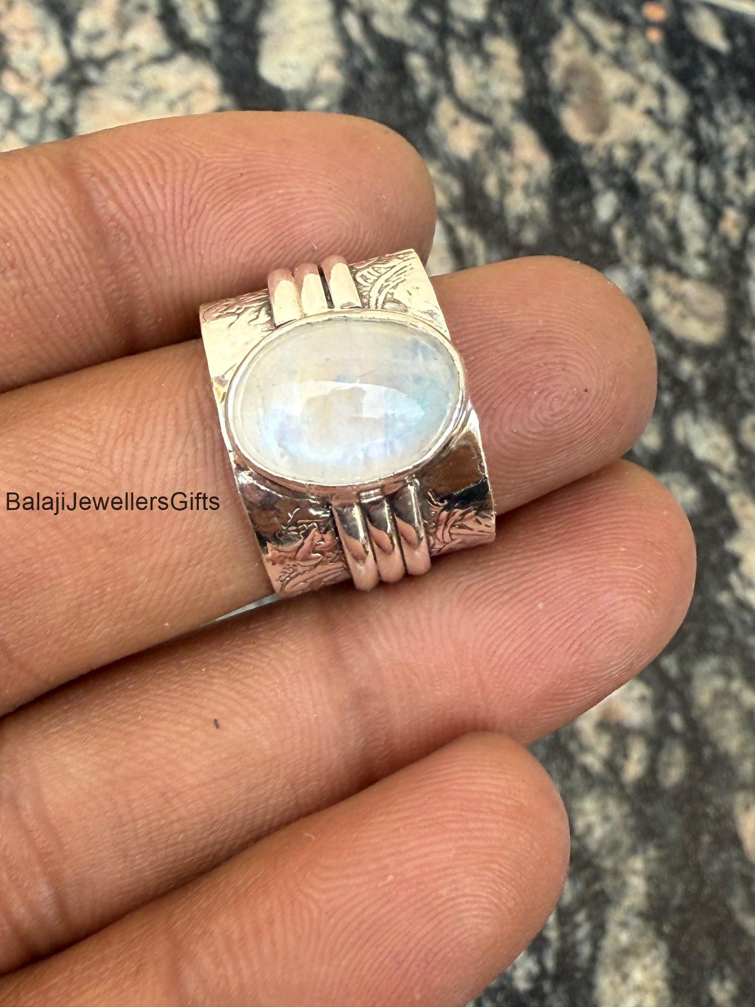 Koral Jewelry Moonstone Round Stone Ring - 925 Sterling Silver, Boho Vintage Style, Sizes 5-9