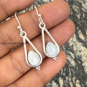 Handmade Pear Rainbow Moonstone Dangle Earrings, 925 Sterling Silver