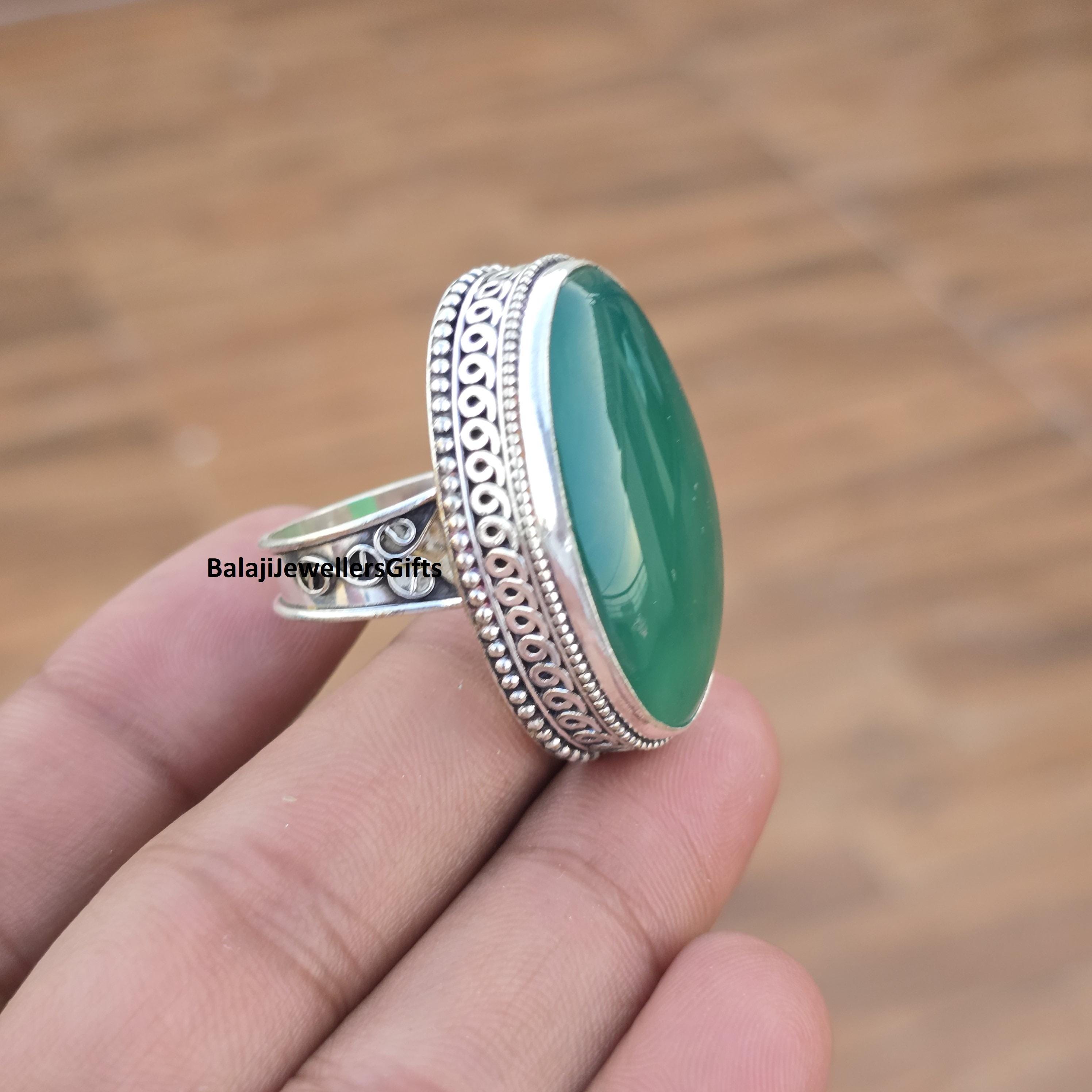 Large Green Onyx Gemstone Ring, 925 Sterling Silver, Handmade