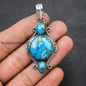 Handmade Blue Turquoise 925 Sterling Silver Pendant: Boho Hippie Jewelry
