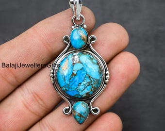 Handmade Blue Turquoise 925 Sterling Silver Pendant: Boho Hippie Jewelry