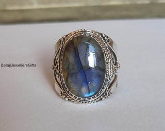 labradorite Gemstone Ring, Large Labradorite Ring, Wind Band Ring, 925 Sterling Silver Ring, Thumb Ring, For Women Gift, Bohemian Ring