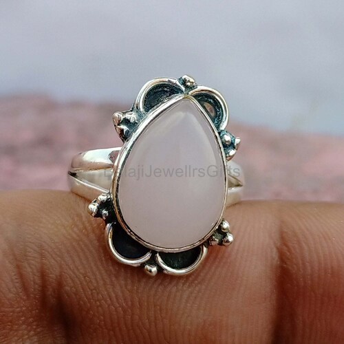 Bague en quartz rose naturel avec pierres précieuses, argent sterling 925, bague en forme de poire, cadeau pour elle, bague tendance, bijoux pour femme faits main, cadeau d'amour,