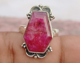 Coffin Ring, Ruby Gemstone Ring, 925 Sterling Silver Ring, Handmade Ring, Antique Silver Ring, Statement Ring,  Women Gift Ring, Boho Ring