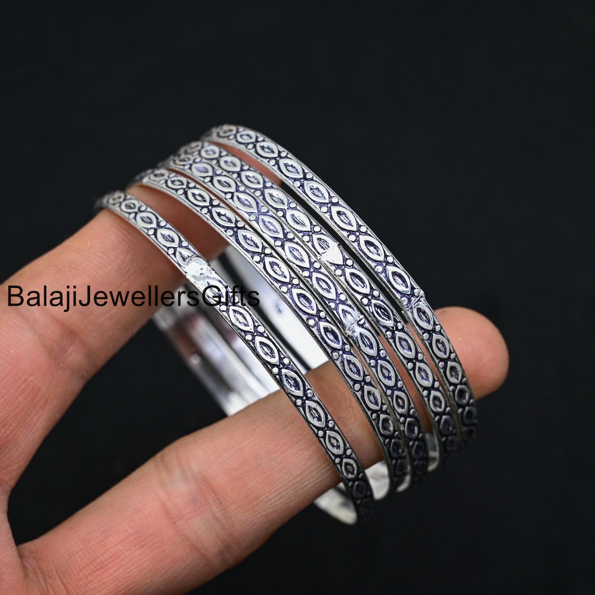 Handmade Sterling Silver Stacking Bangles - Boho Design, Set of 5