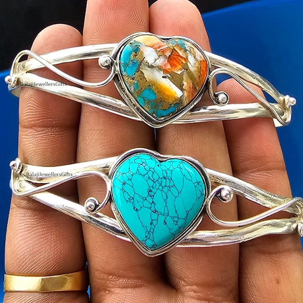 Handmade Sterling Silver Heart Bangle: Oyster Turquoise Gemstone