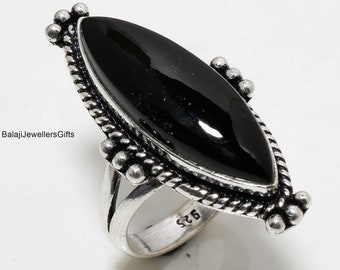 Handmade Marquise Black Onyx Ring: 925 Sterling Silver Boho Band