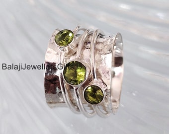 Three Peridot Gemstone Ring, 925 Sterling Silver Ring, Handmade Ring, Meditation Ring, Spinner Ring, Classic Ring, Popular Ring     SK663