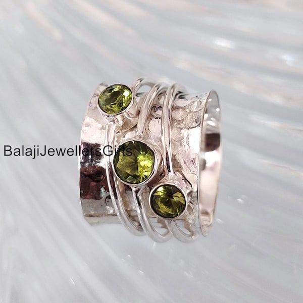 Handmade Peridot Sterling Silver Spinner Ring: Meditation Jewelry