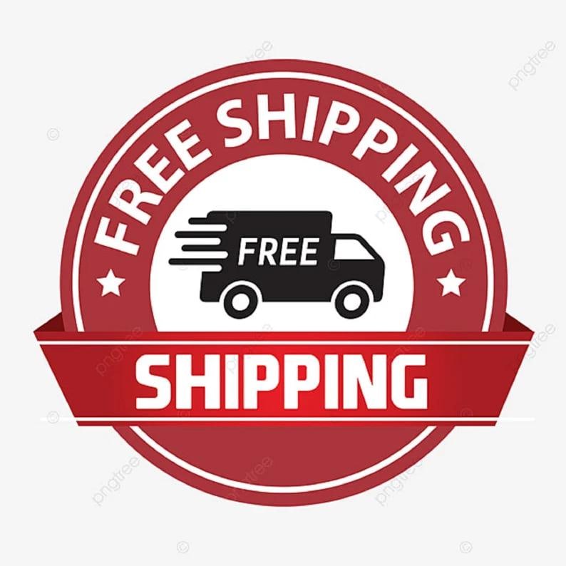 May include: Red and white circular sticker with the text "FREE SHIPPING" and a black delivery truck with the word "FREE" on it. A red ribbon with the text "SHIPPING" is attached to the bottom of the sticker.