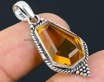 Citrine Gemstone Pendant, Coffin Shape Pendant, 925 Sterling Silver, Handmade Woman Jewellery, Fashionable Pendant, Unique Pendant,