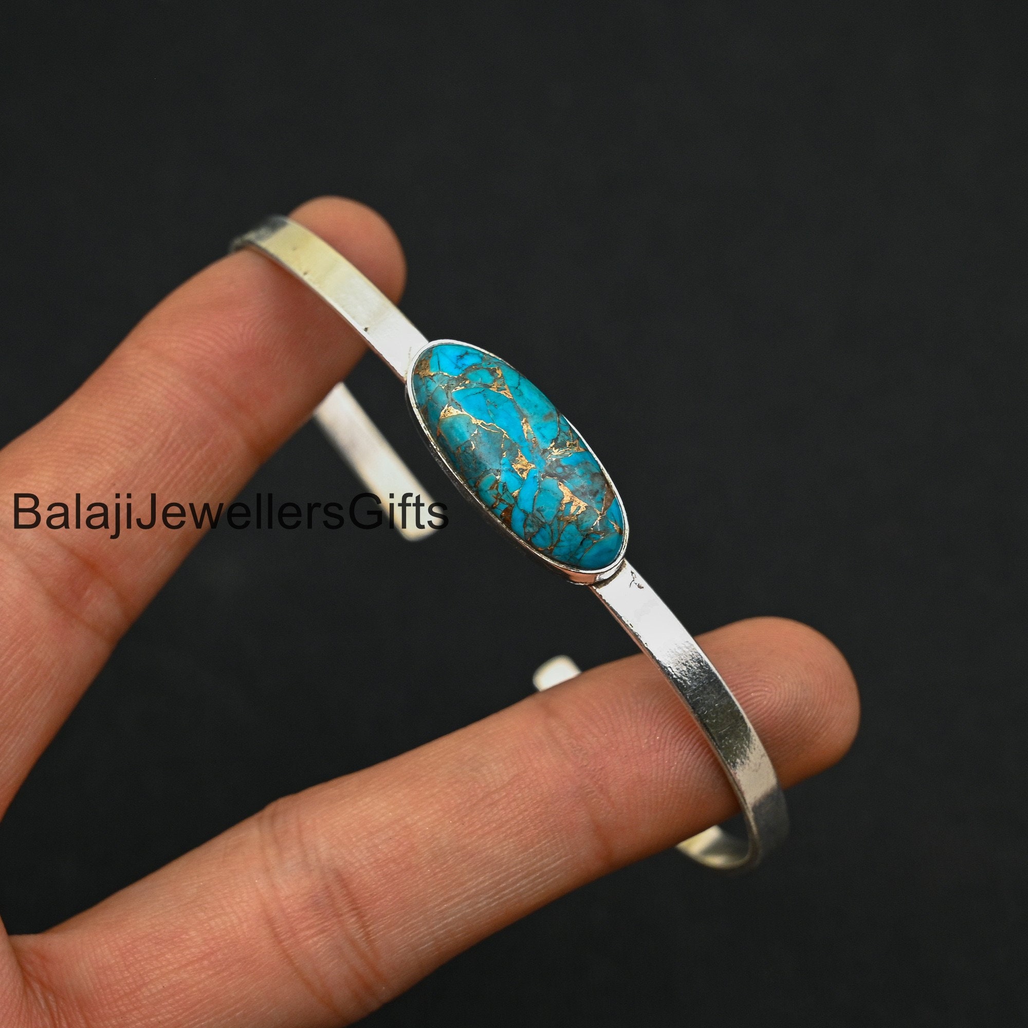 Blue Copper Turquoise Bangle, Oval Shape Gemstone Bangle, 925