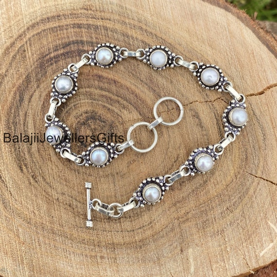Solid Pearl Gemstone Bracelet, 925 Sterling Silver Bracelet