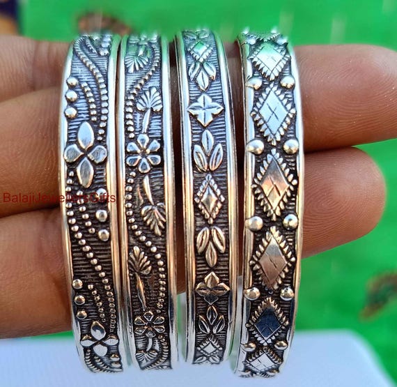 Boho Sterling Silver Stacking Bangles - Handmade Set of 4
