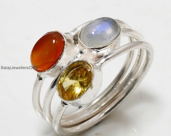 Carnelian Citrine Rainbow Moonstone Ring, 925 Sterling Silver Rings For Women, Handmade Ring, Statement Ring, Gift For Her, Popular Ring,