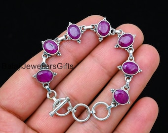 Handmade Ruby Gemstone Bracelet: Sterling Silver Boho Bangle