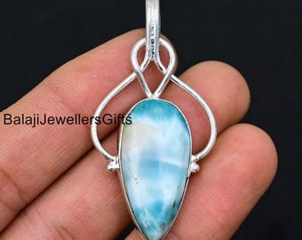 Pear Larimar Pendant: Handmade 925 Sterling Silver Boho Jewelry