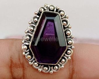 Amethyst Gemstone Coffin Ring, 925 Sterling Silver Ring, Gemstone Ring, Statement Ring, Handmade Ring For Women, Boho Ring, Gift For Her,